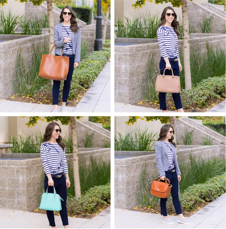 Bigger bags could really reduce the illustration of your high height. Photo by Jessica, via Petite Style Script.