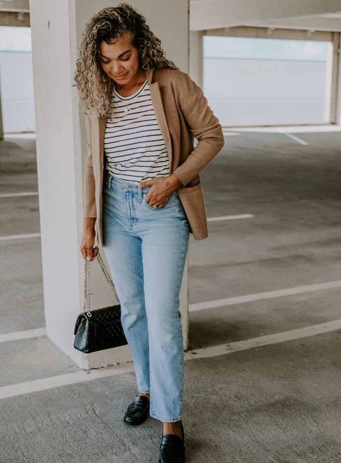 Wearing horizontal striped shirt with jeans for a shorter height illustration via My Chicobsession