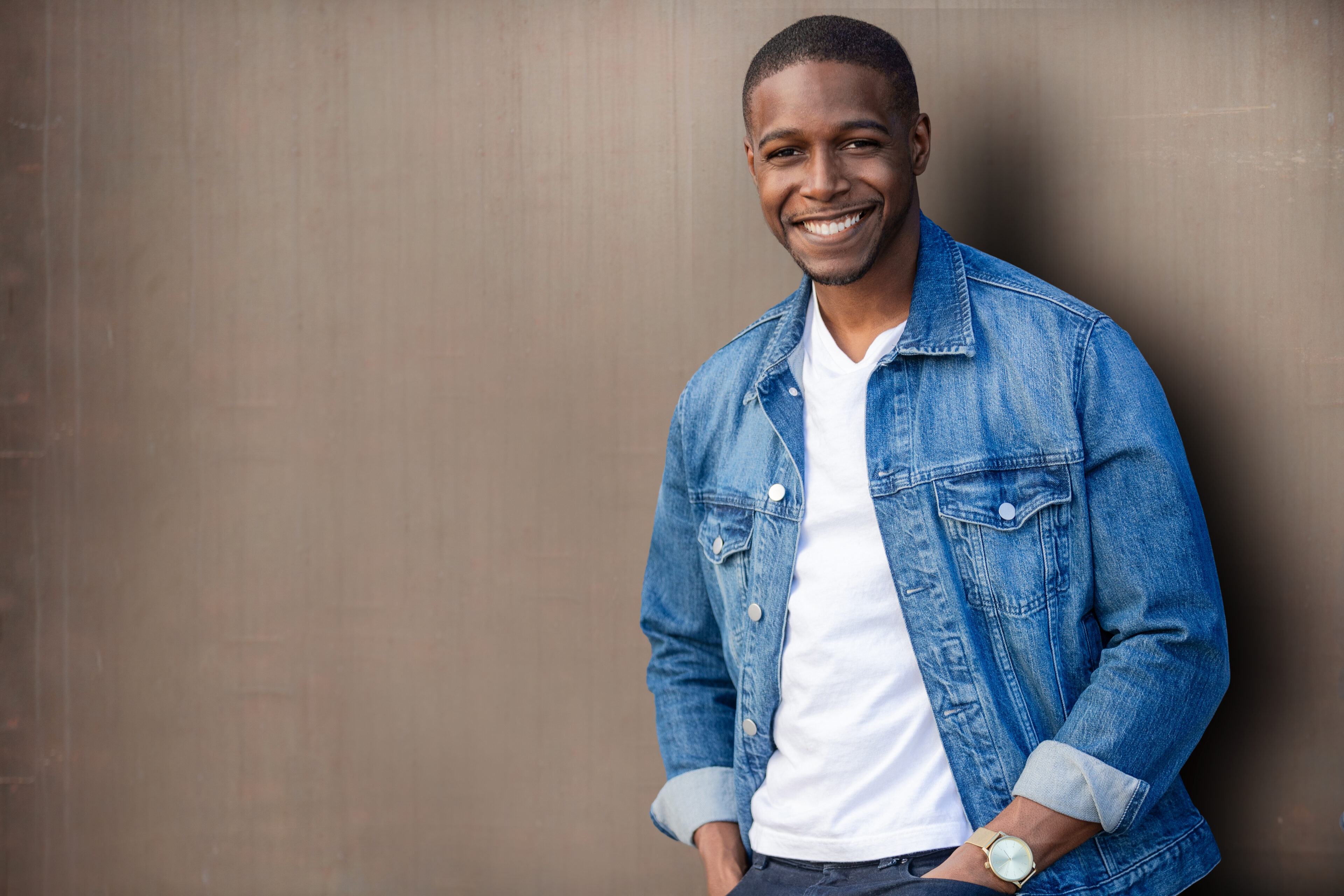 Long Sleeve Jean Shirt With An Inner T-Shirt And Khaki Pants With Dress Shoes
