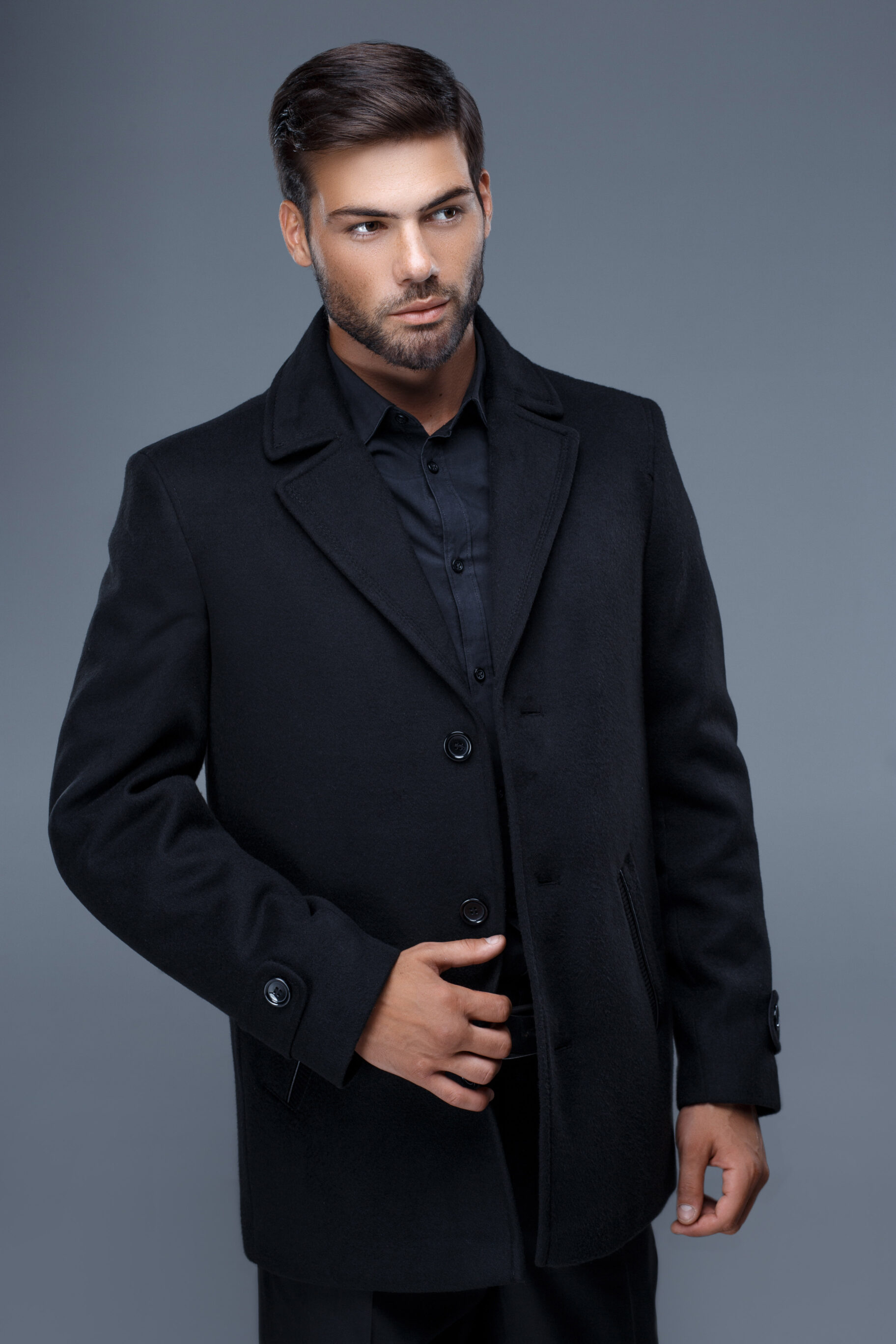 Dark Shirt With Dark Pants And Long Coat